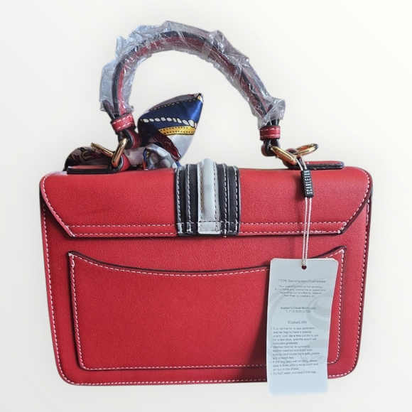 Scarelton Top Handle Satchel Handbag H2065 Elegant Red Handbag with Scarf Accent - Picture 2 of 7